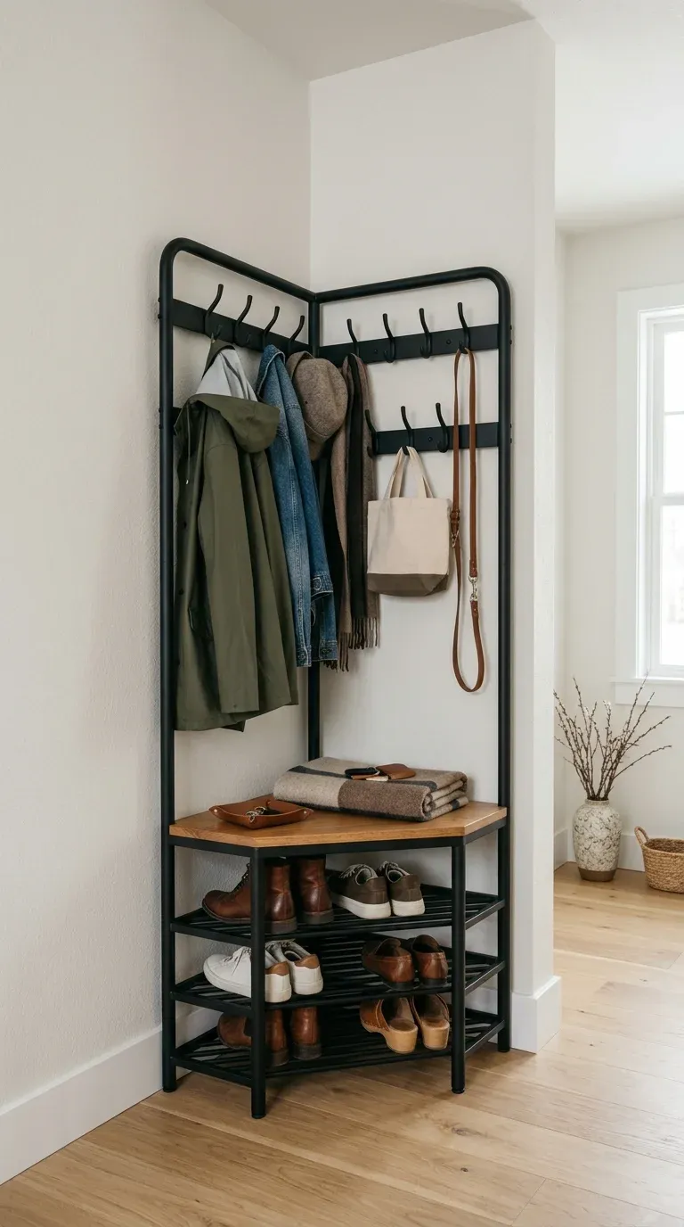 A matte black steel corner hall tree fitting snugly into a 90-degree wall corner, featuring three lower shoe shelves, a small wooden corner seat, and hanging hooks.
