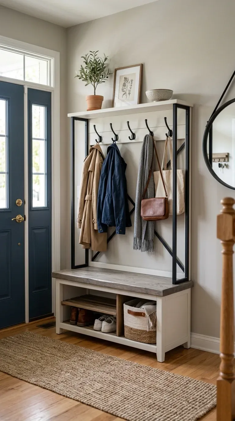A modern transitional painted wood and steel hall tree with a thick grey wash bench, a lower open shoe compartment, and sleek black metal side frames, styled in a cozy foyer.