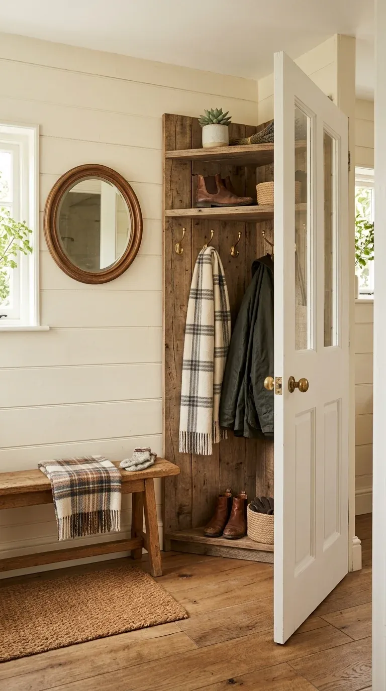 A corner entryway setup featuring a triangular rustic wood hall tree with warm brass hooks, tucked neatly behind an open white door to optimize space in a cozy cottage foyer.