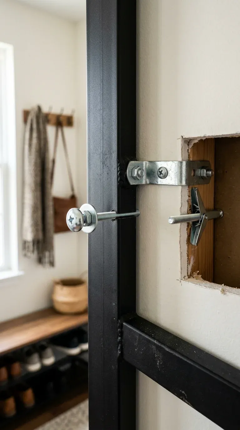 Close-up technical illustration of a metal toggle bolt and a heavy-duty strap anchor securing a steel hall tree frame to a 1/2-inch gypsum drywall sheet, ensuring structural stability.