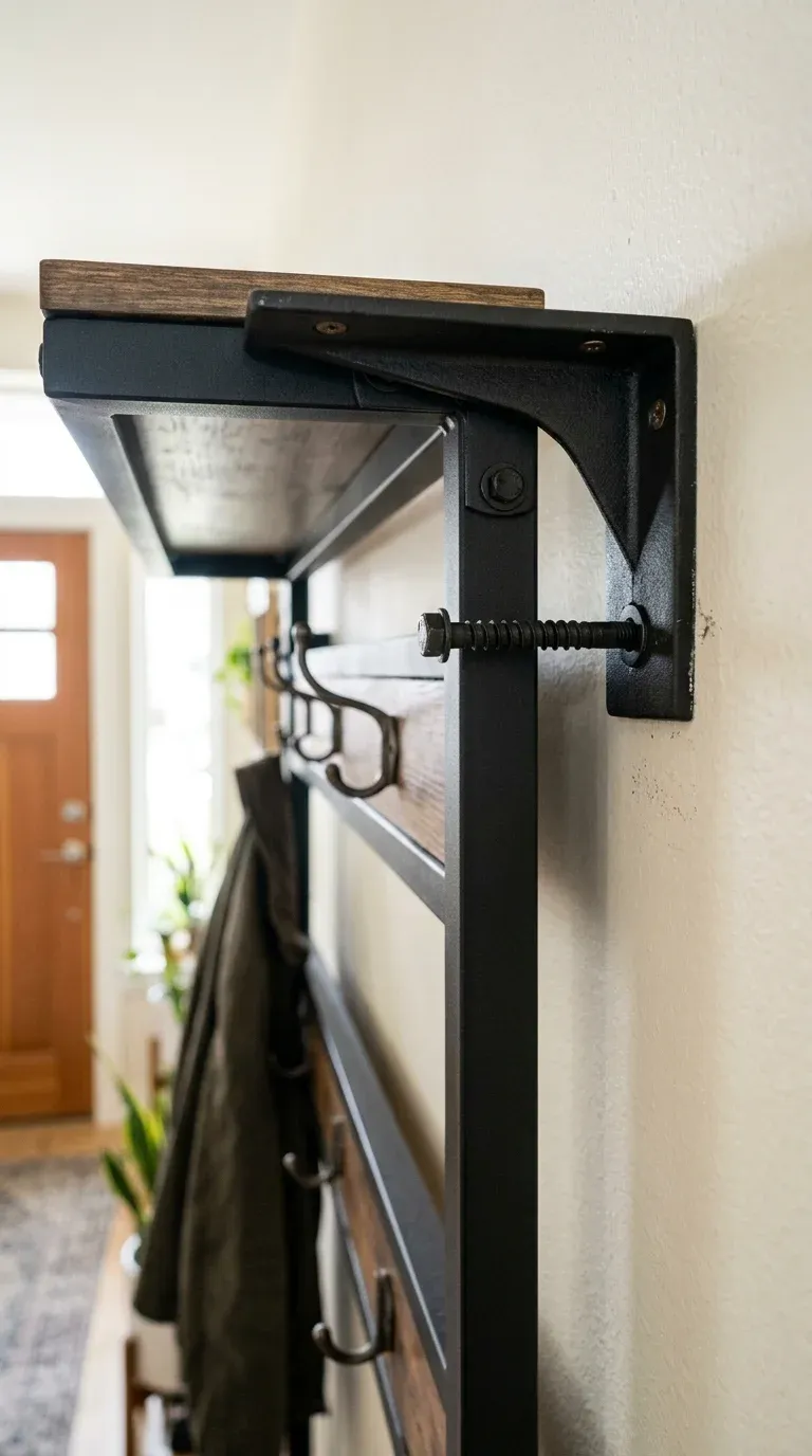 A person using a cordless drill to secure an L-shaped steel bracket from the top rail of an industrial hall tree directly into a wall stud, ensuring child safety and tipping prevention.