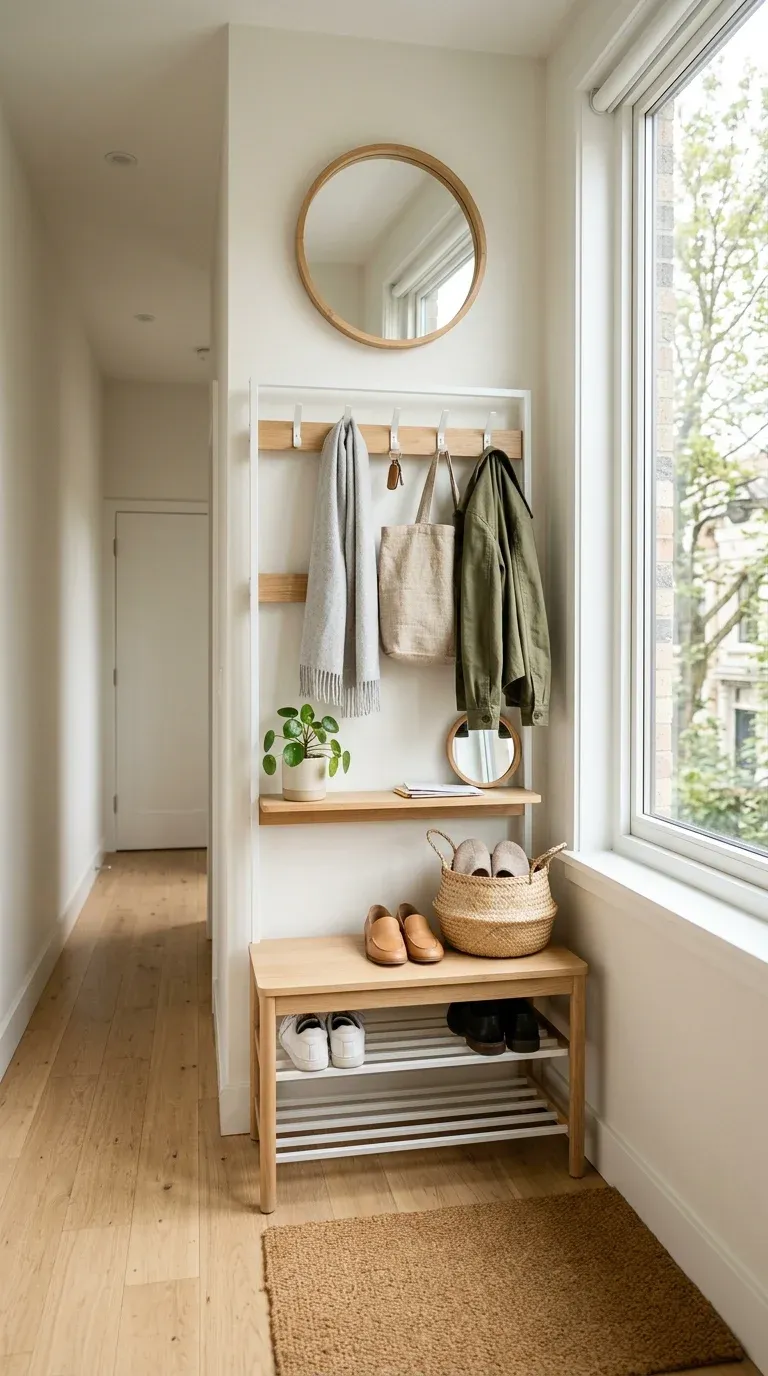 A bright, Scandinavian-style small entryway featuring a light oak and white steel slim hall tree, reflecting natural light from an adjacent window to make the narrow space feel airy.