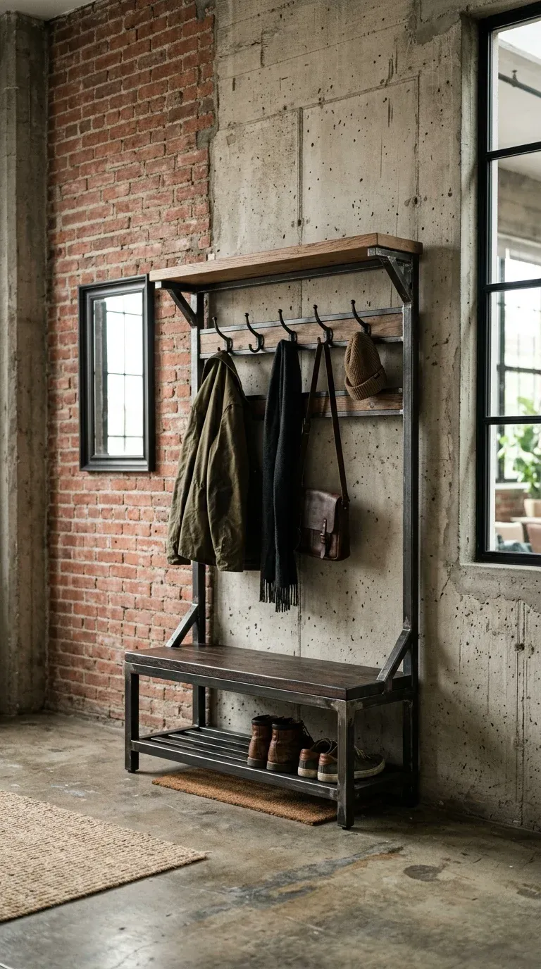 Industrial metal hall tree in a loft entryway with concrete walls and exposed brick