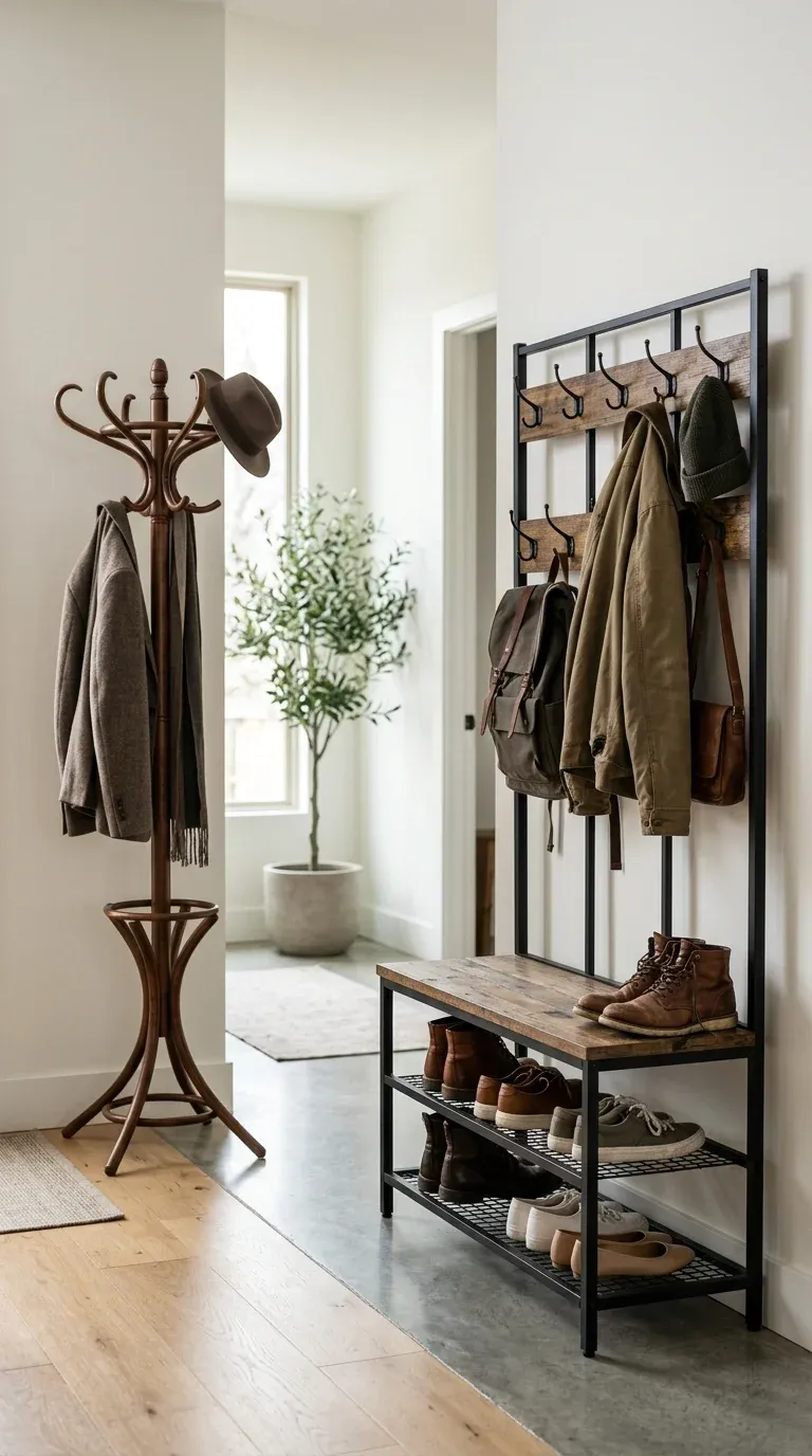 Modern minimalist industrial hall tree combining clean black metal lines and warm walnut wood grain