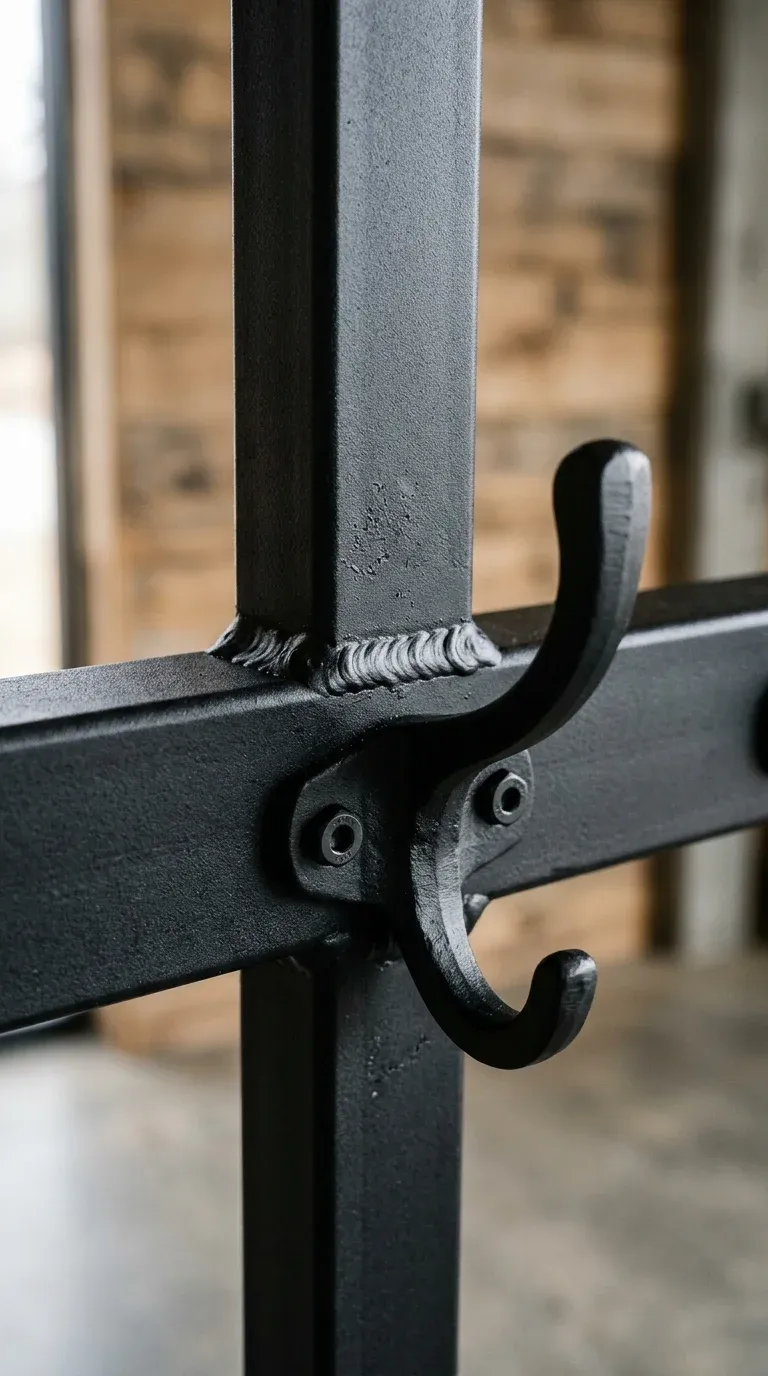 Close-up of 14-gauge matte black steel frame welds and heavy-duty double coat hooks