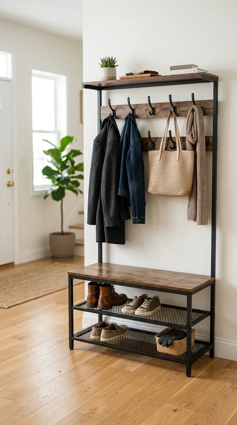 VASAGLE style industrial hall tree with rustic brown engineered wood shelves and metal mesh shoe racks