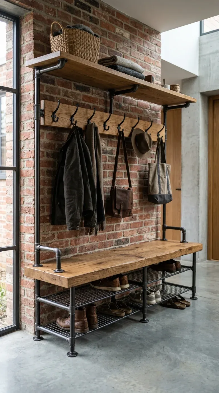 Heavy-duty industrial hall tree with solid oak bench and integrated overhead shelf