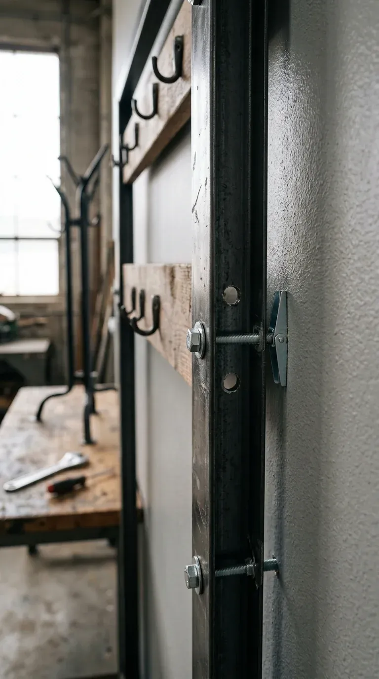 Close-up of adjustable leveling feet on a metal frame resting on uneven hardwood floors
