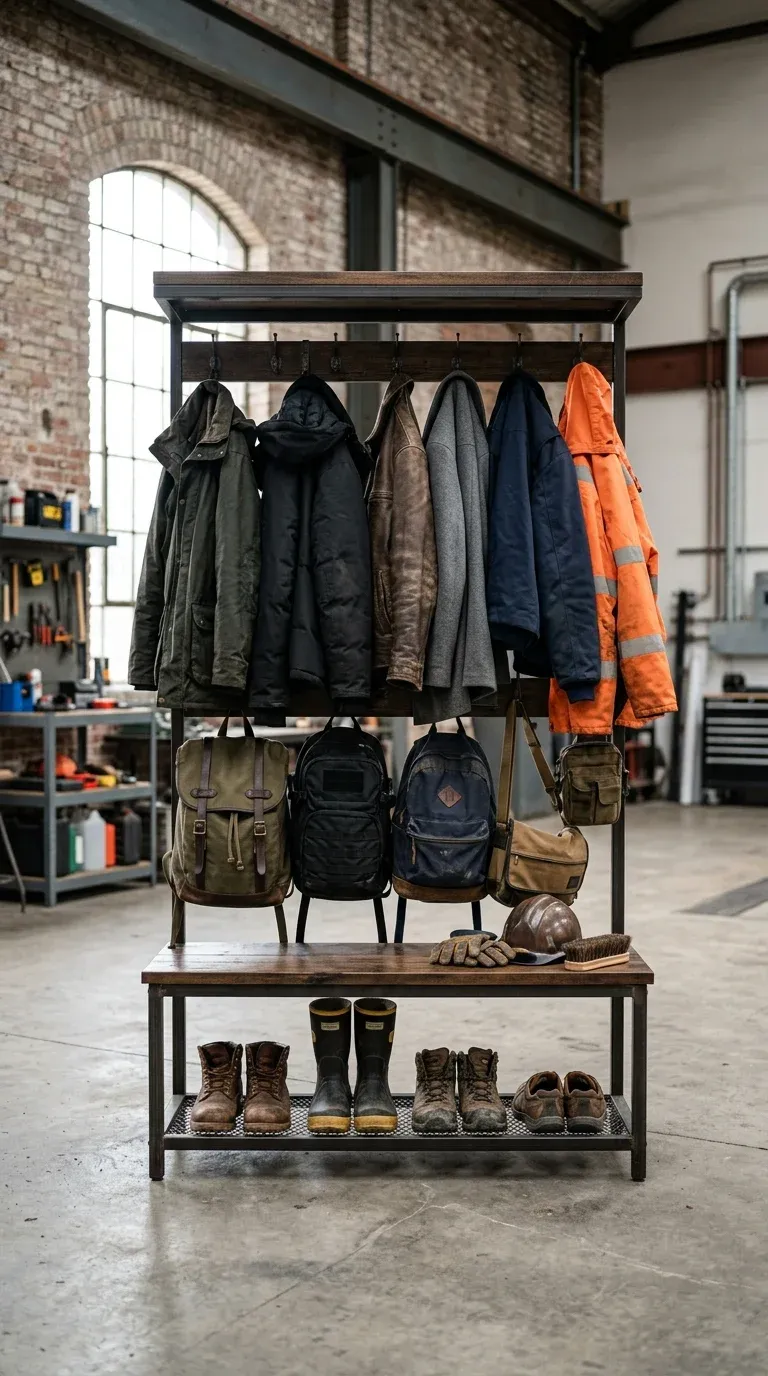 A fully organized industrial hall tree holding heavy winter coats, work boots, and backpacks