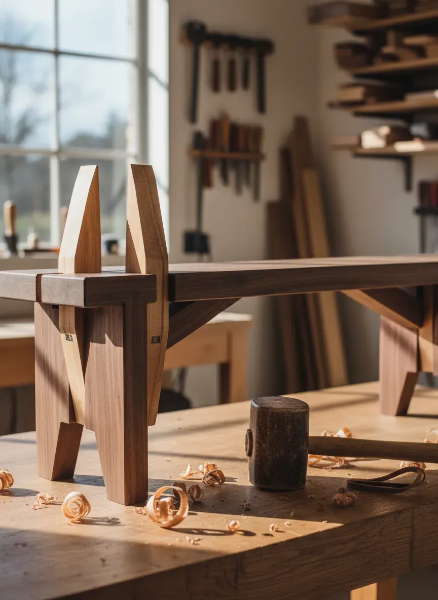 Woodworker assembling a knock-down bench with heavy wooden wedges