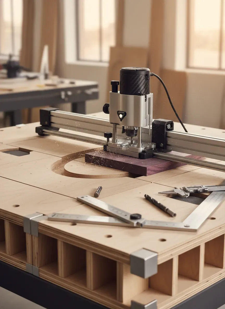A perfectly flat, disassemblable torsion box workbench surface being used for precision routing