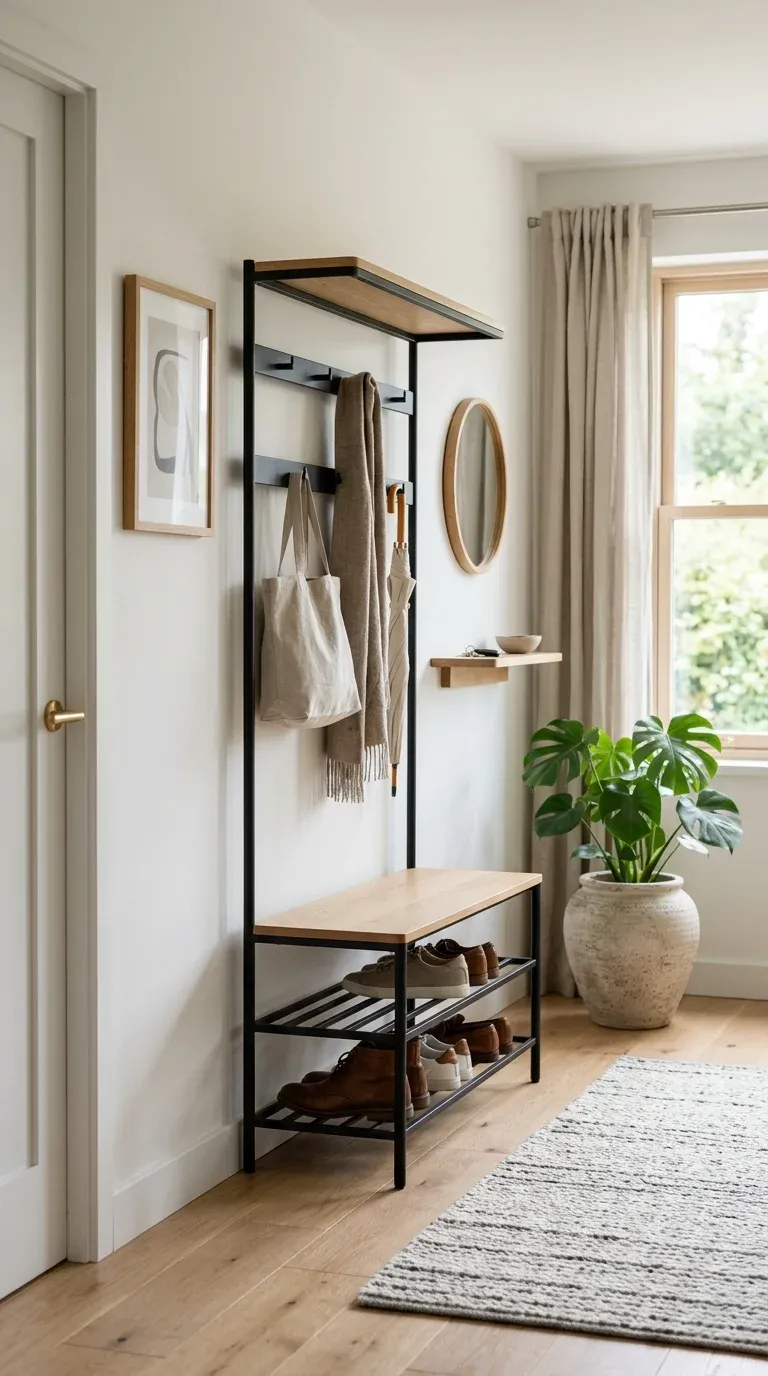 A minimalist metal hall tree in a bright Scandinavian-style entryway with clean lines and oak accents