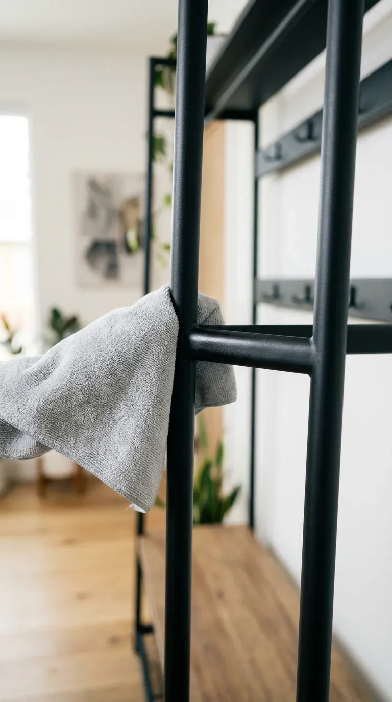 A microfiber cloth gently cleaning a matte-finished steel frame of a modern metal hall tree