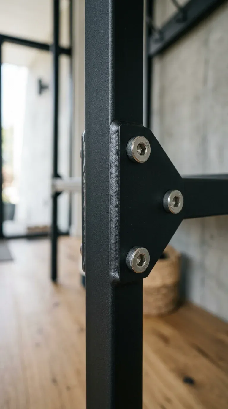 Close-up of high-quality powder-coated steel joinery with clean welds and heavy-duty M6 hex bolts
