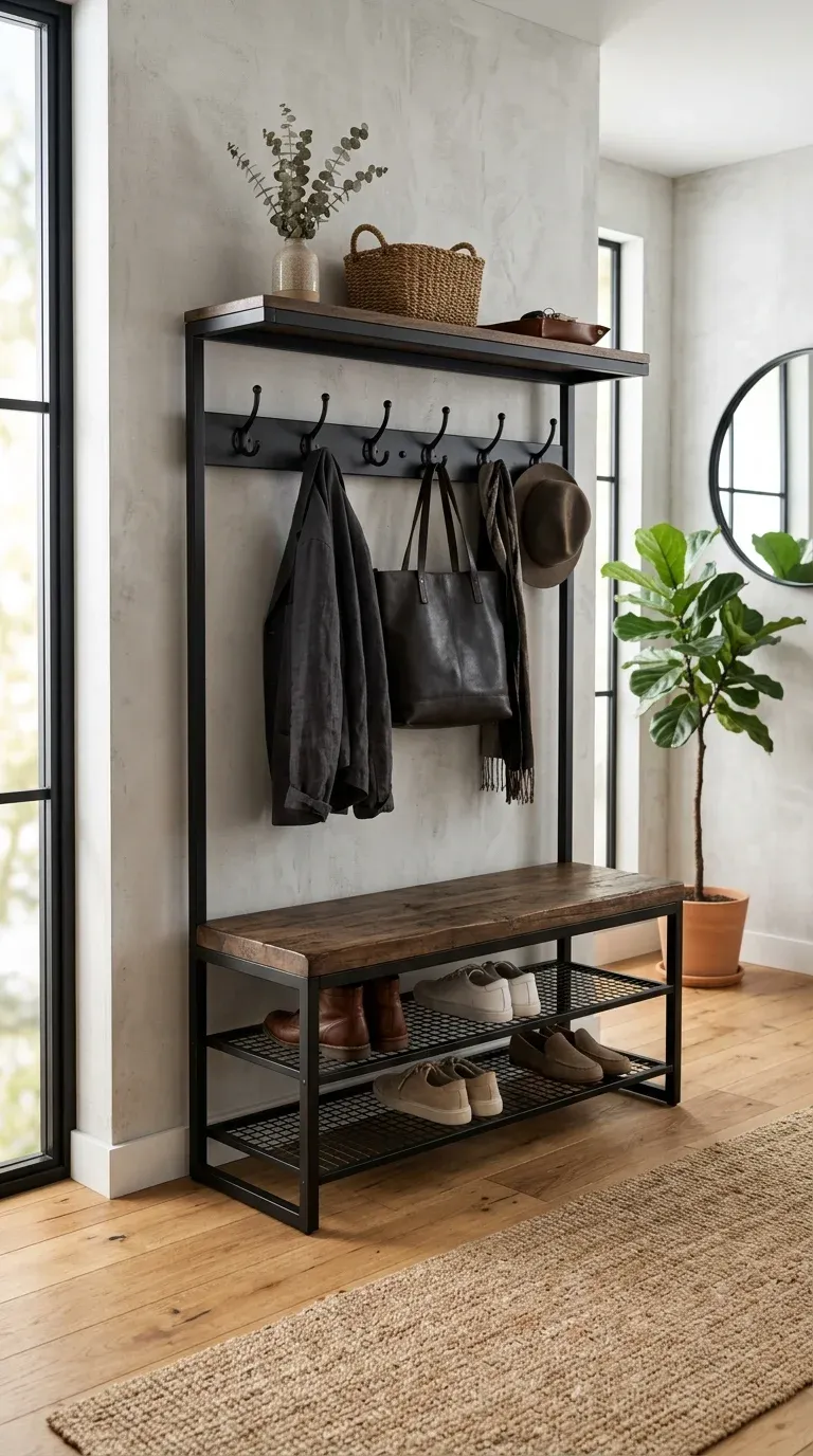 An industrial-style black metal hall tree with dark wood shelving and wire mesh shoe racks