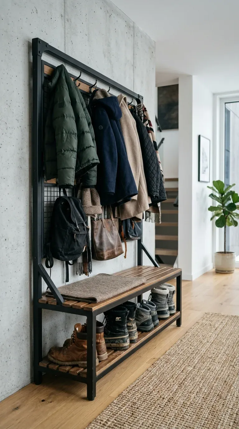 A heavy-duty black steel industrial hall tree loaded with winter coats, boots, and bags in a modern hallway
