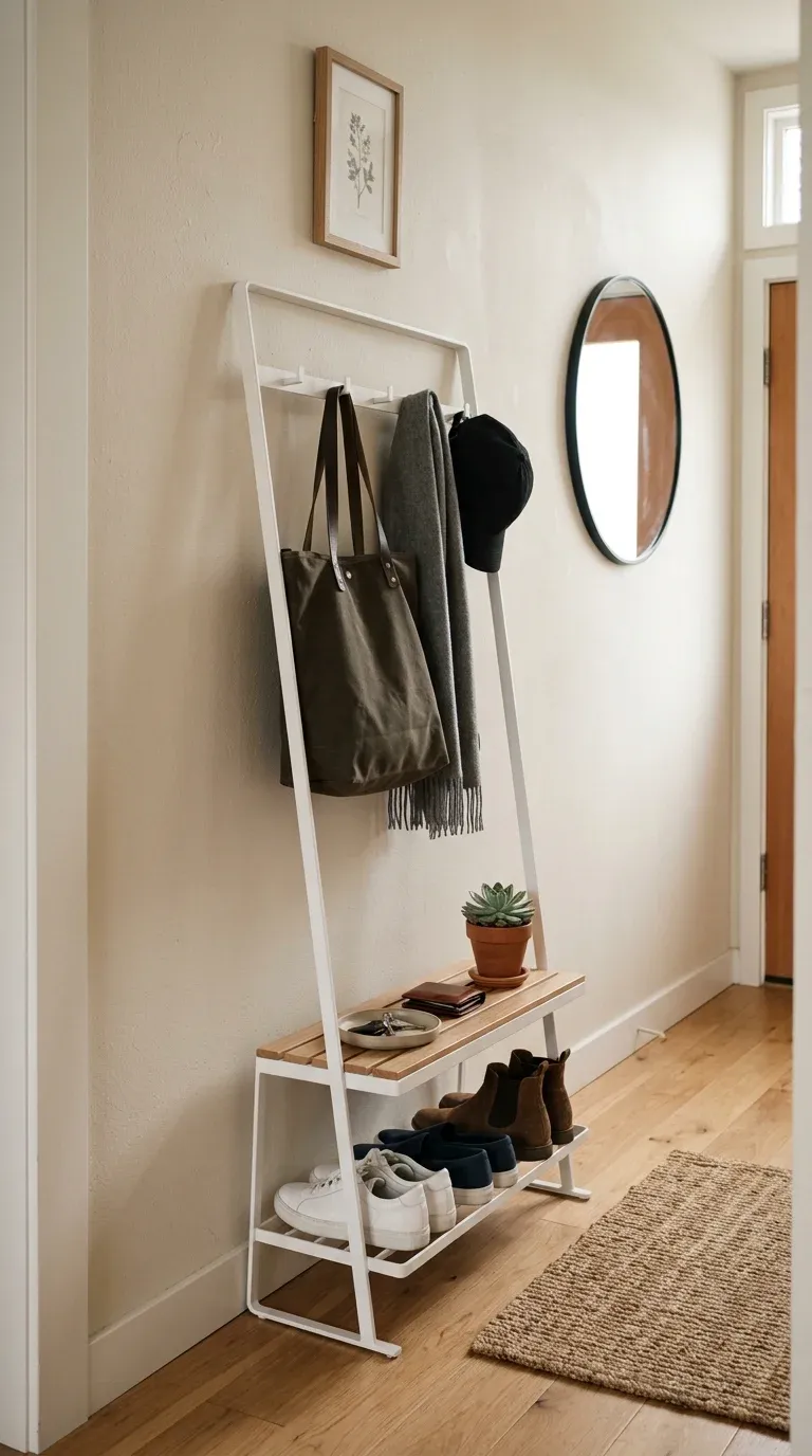 An ultra-slim, white Yamazaki minimalist coat rack leaning against a wall in a compact apartment entry