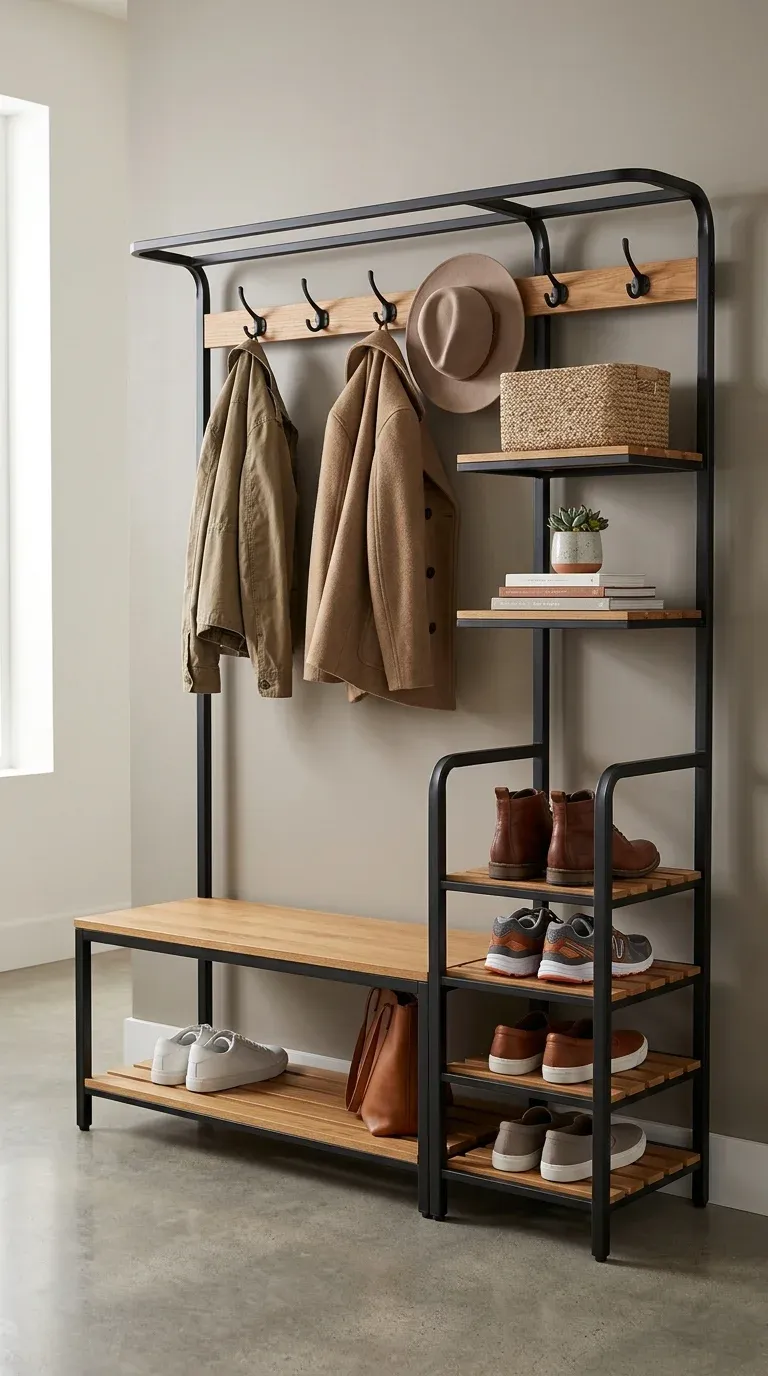 A wide, multi-shelf metal hall tree with an integrated bench, several hooks, and a dedicated multi-tier shoe shelf on the side