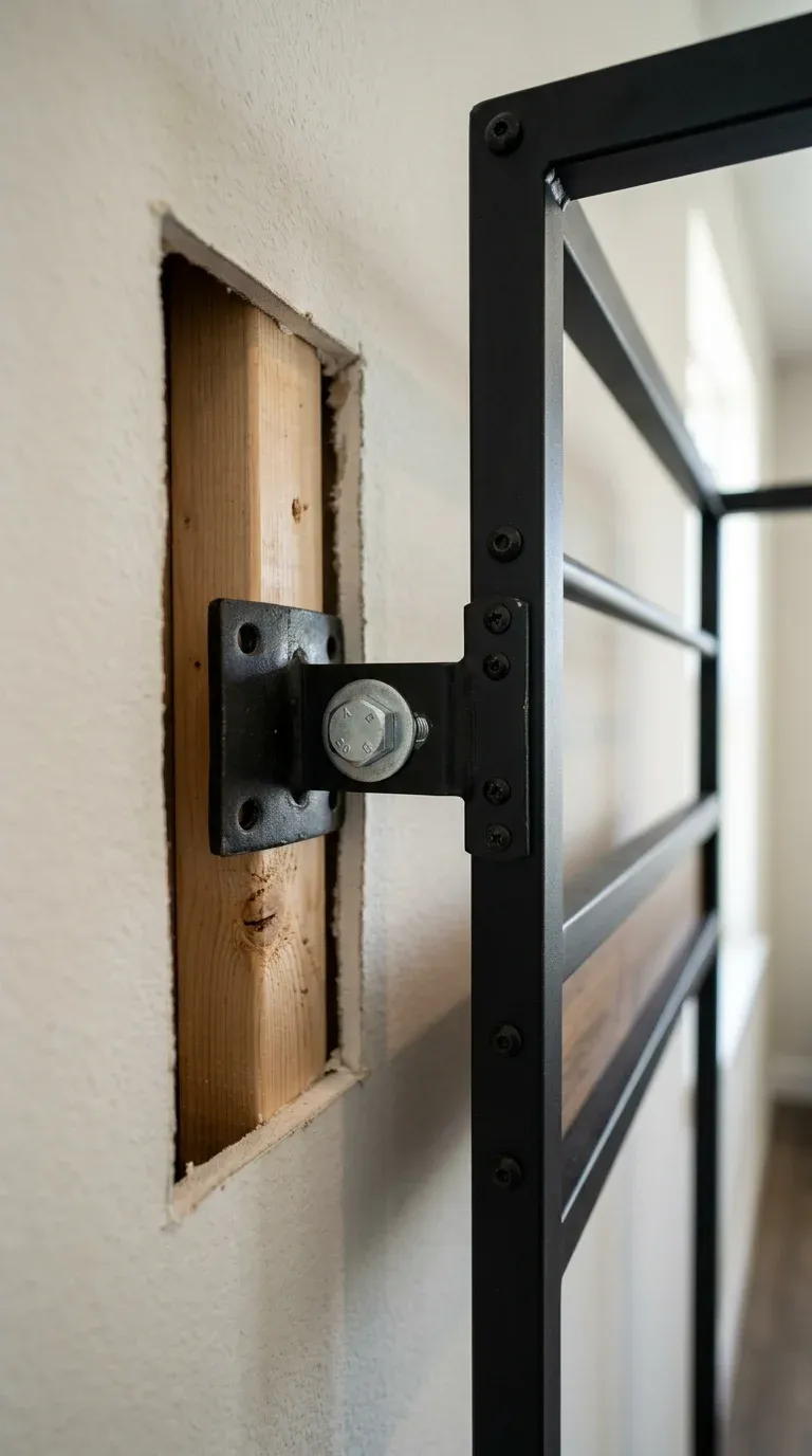 Close-up technical photo of a heavy-duty wall anchor strap being secured into a wooden wall stud behind a metal hall tree frame