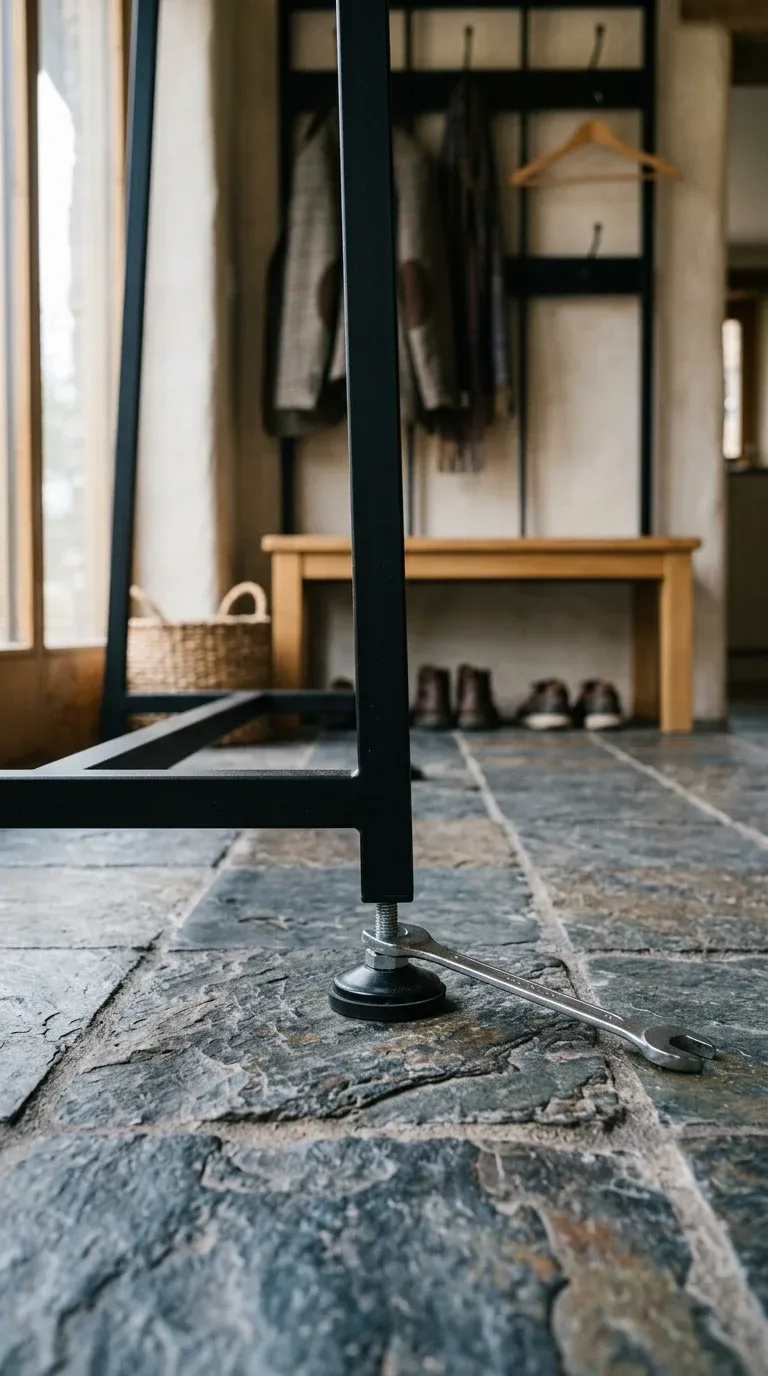 Adjustable leveling feet on the base of a metal hall tree being calibrated on an uneven slate tile floor