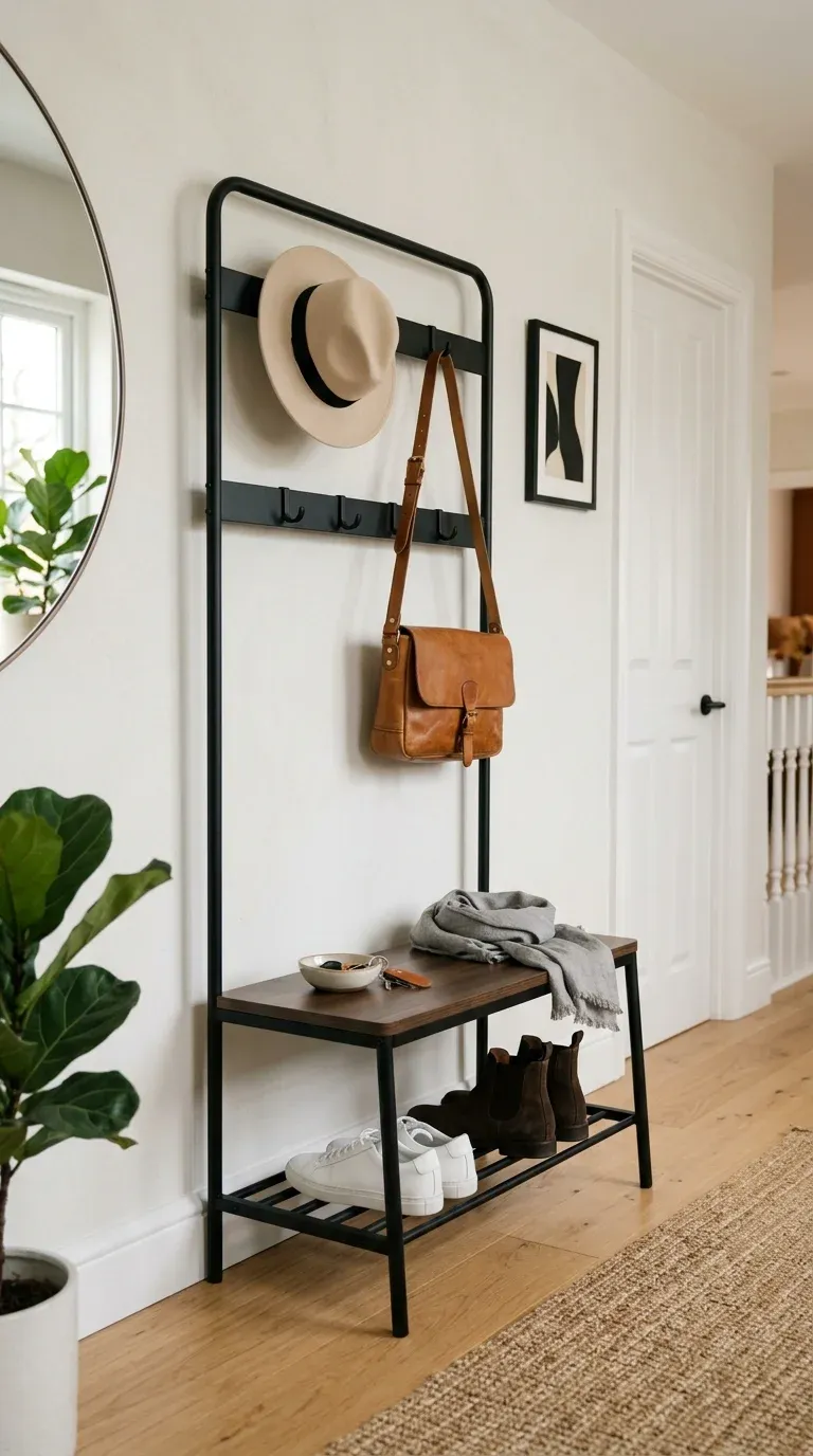 A sleek black metal hall tree styled with minimal modern accessories, a clean hat, and a leather bag in a tidy entryway
