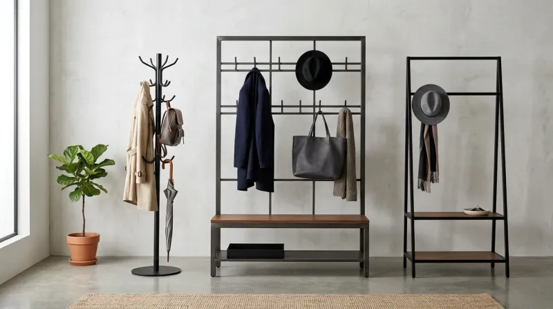 An editorial photograph showcasing a sleek matte-black metal hall tree in a modern minimalist entryway with concrete floors and soft natural lighting