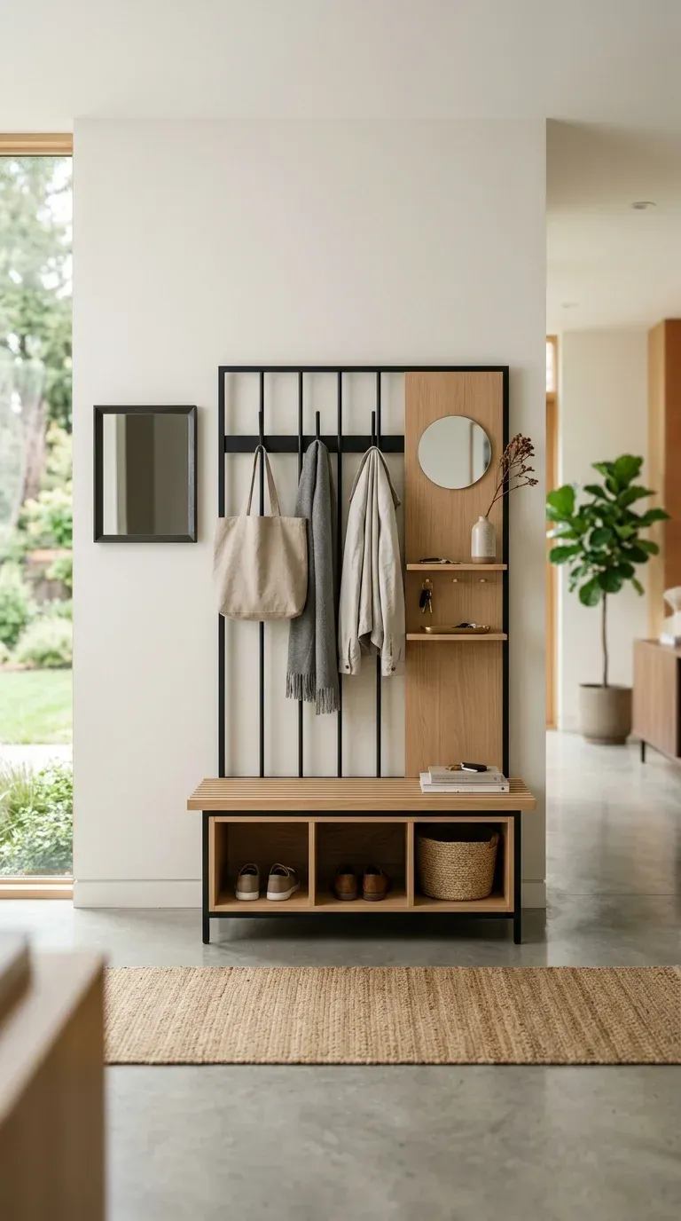 A sleek modern entryway showing a minimalist hall tree with clean steel lines and light oak wood storage