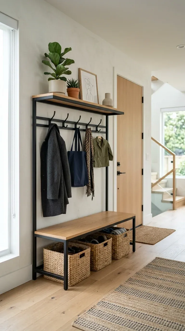 A perfectly styled modern entryway featuring a minimalist hall tree with neat storage baskets and plants