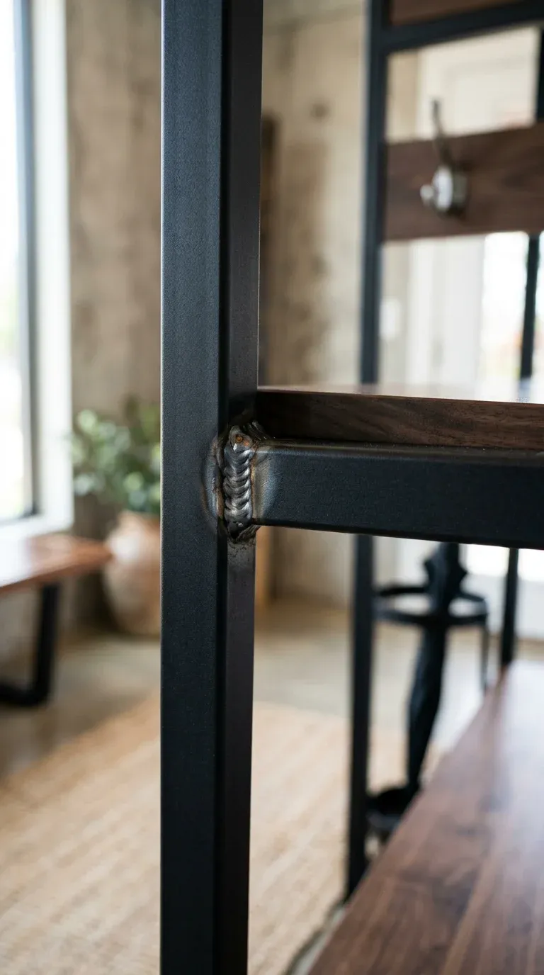 Detailed close-up of a modern hall tree's metal joints and structural welding