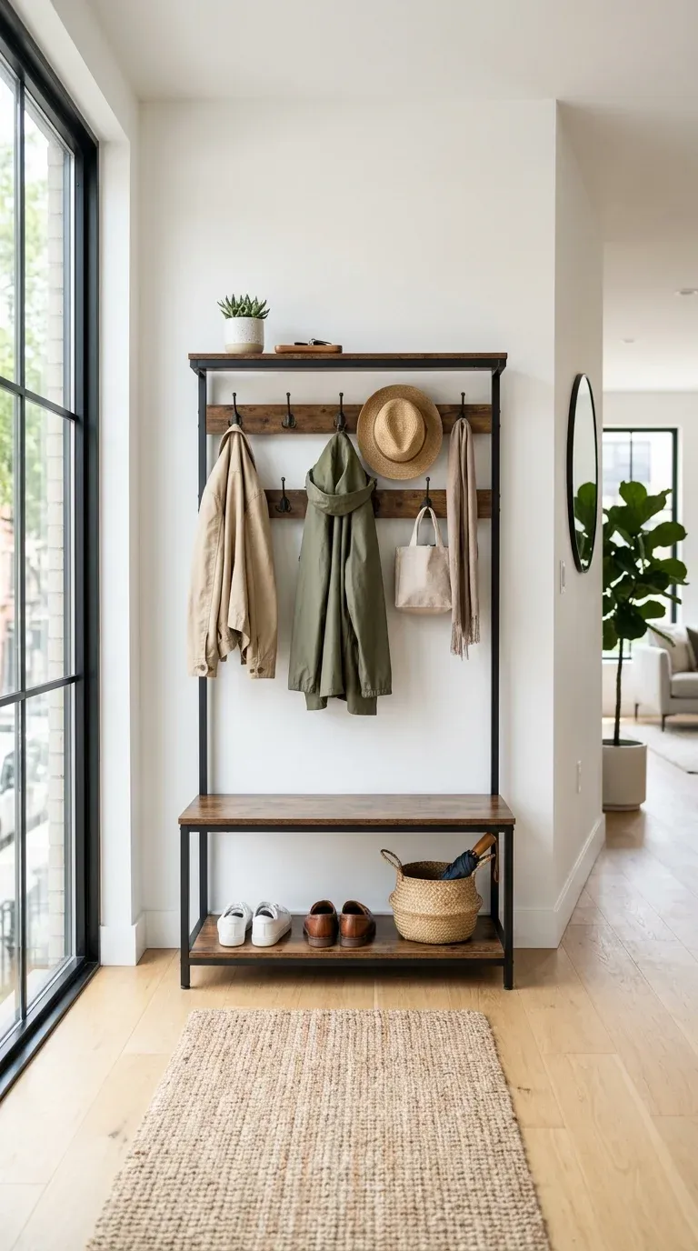 The Vasagle Industrial Hall Tree styled in a bright minimalist apartment foyer