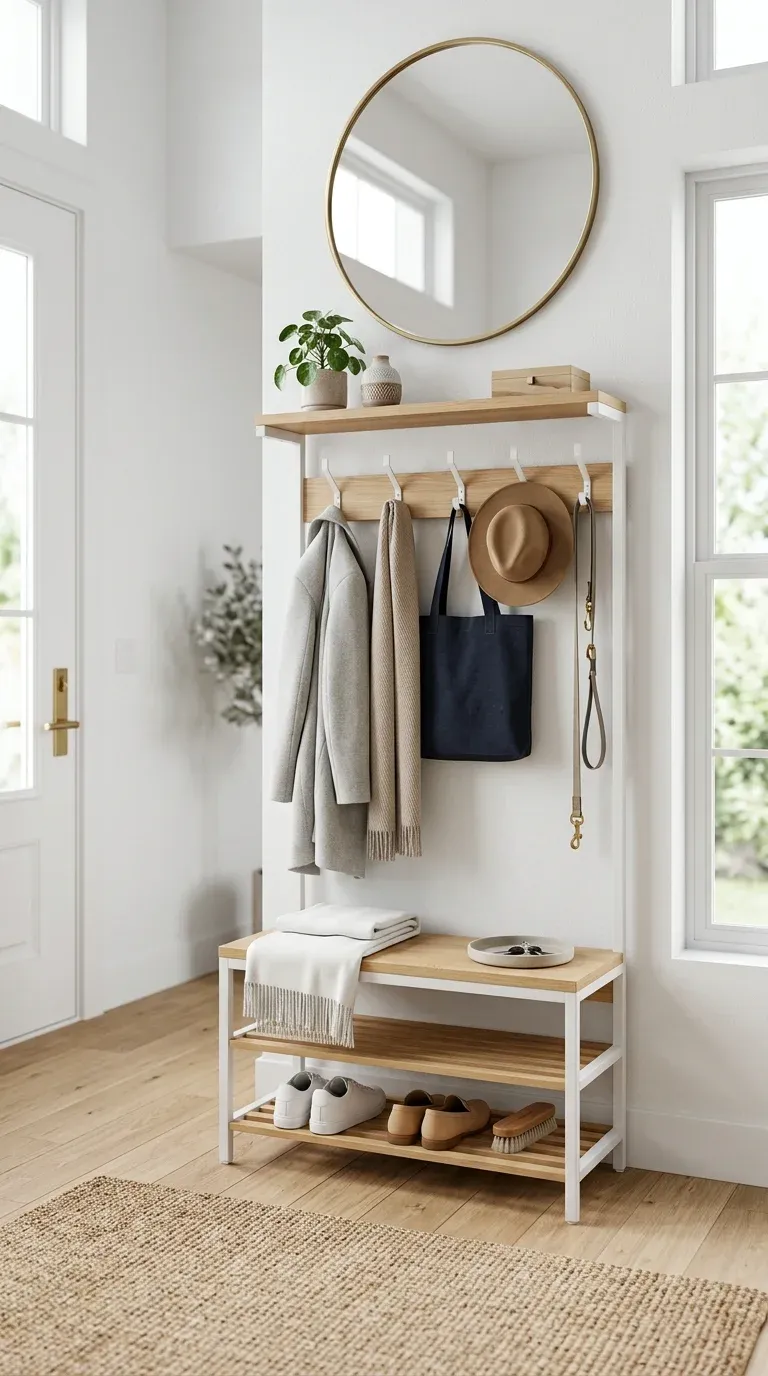 The Scandinavian minimalist Nathan James Hall tree in a clean white entryway