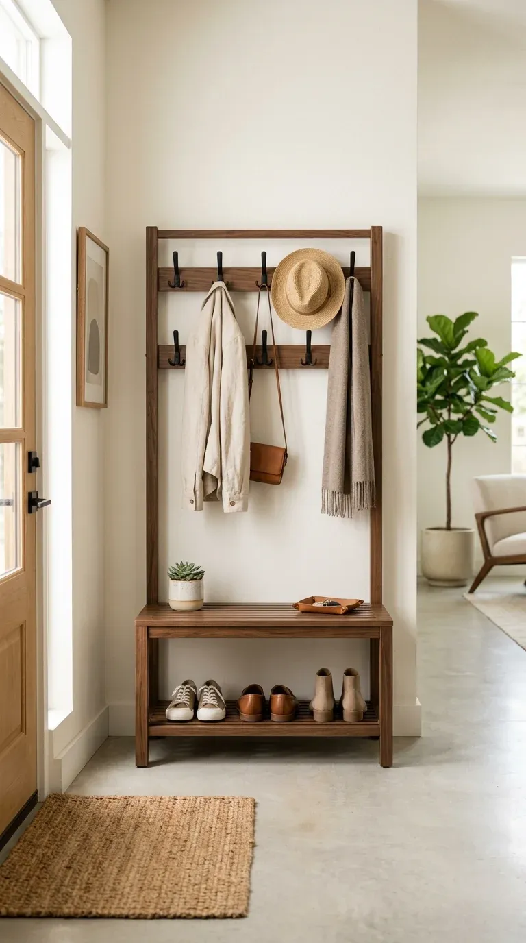 The Walker Edison Modern Minimalist Hall Tree showcasing mid-century design and wood finishes