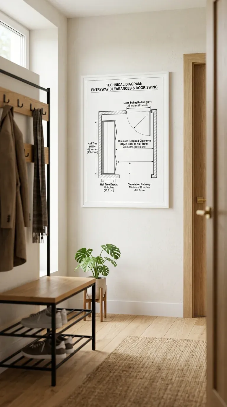 A technical diagram illustrating the required clearances for entryway furniture and door swings