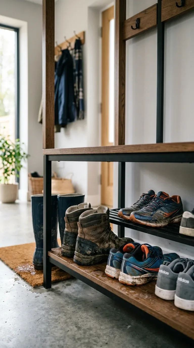 Close-up of a modern hall tree's shoe storage shelves showing wet boots and running shoes