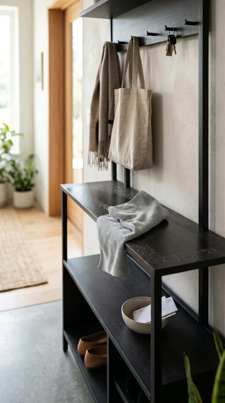 Cleaning a dark melamine veneer shelf on a hall tree with a microfiber cloth