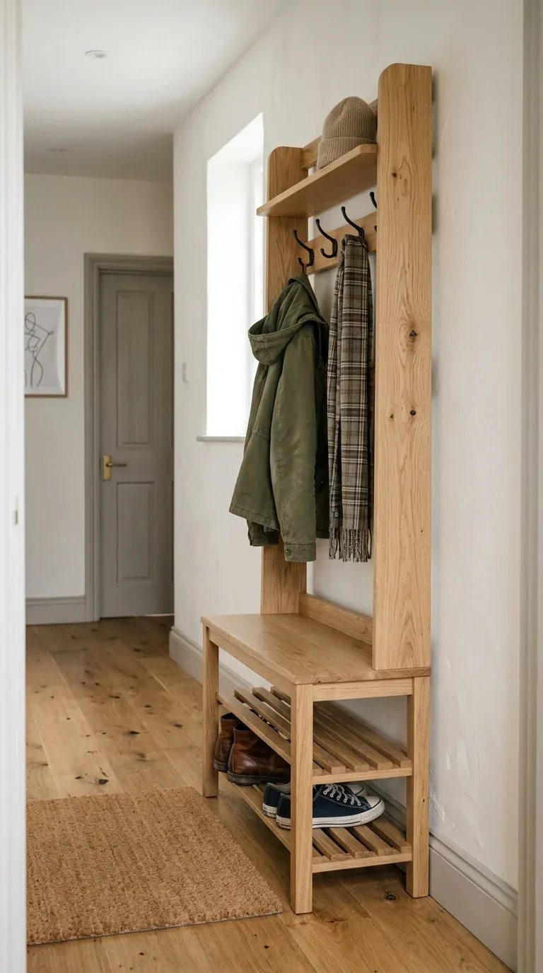 Original Photography: Real-world entryway setup with natural oak finish