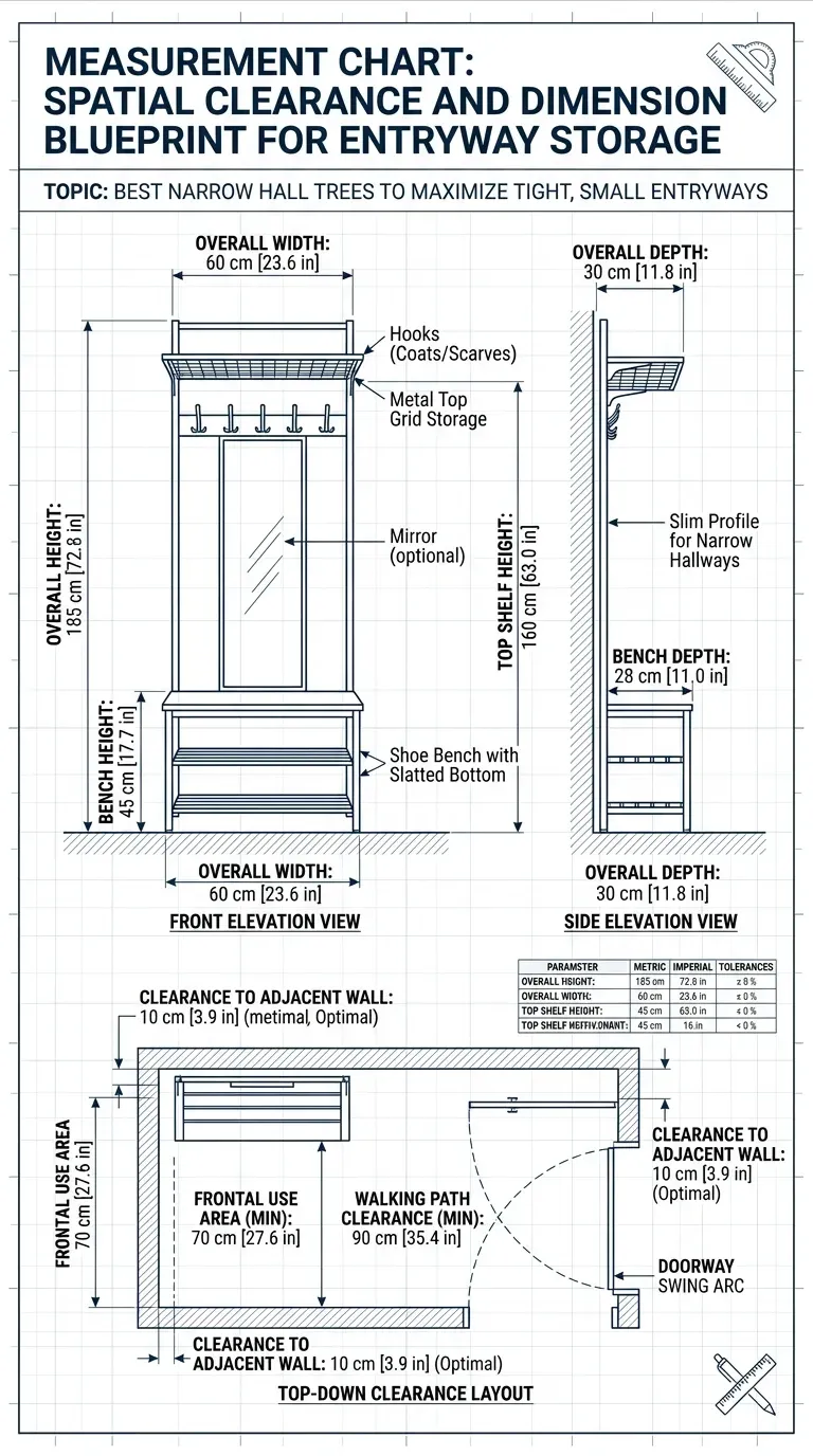 Measurement Chart: Spatial clearance and dimension blueprint for entryway storage