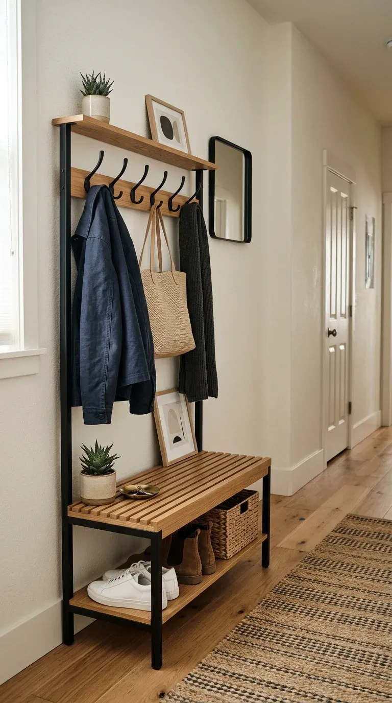 Original Photography: Narrow entryway styling with modern accents