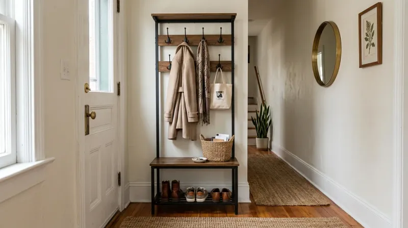 Original editorial photography for Best Narrow Hall Trees to Maximize Tight, Small Entryways