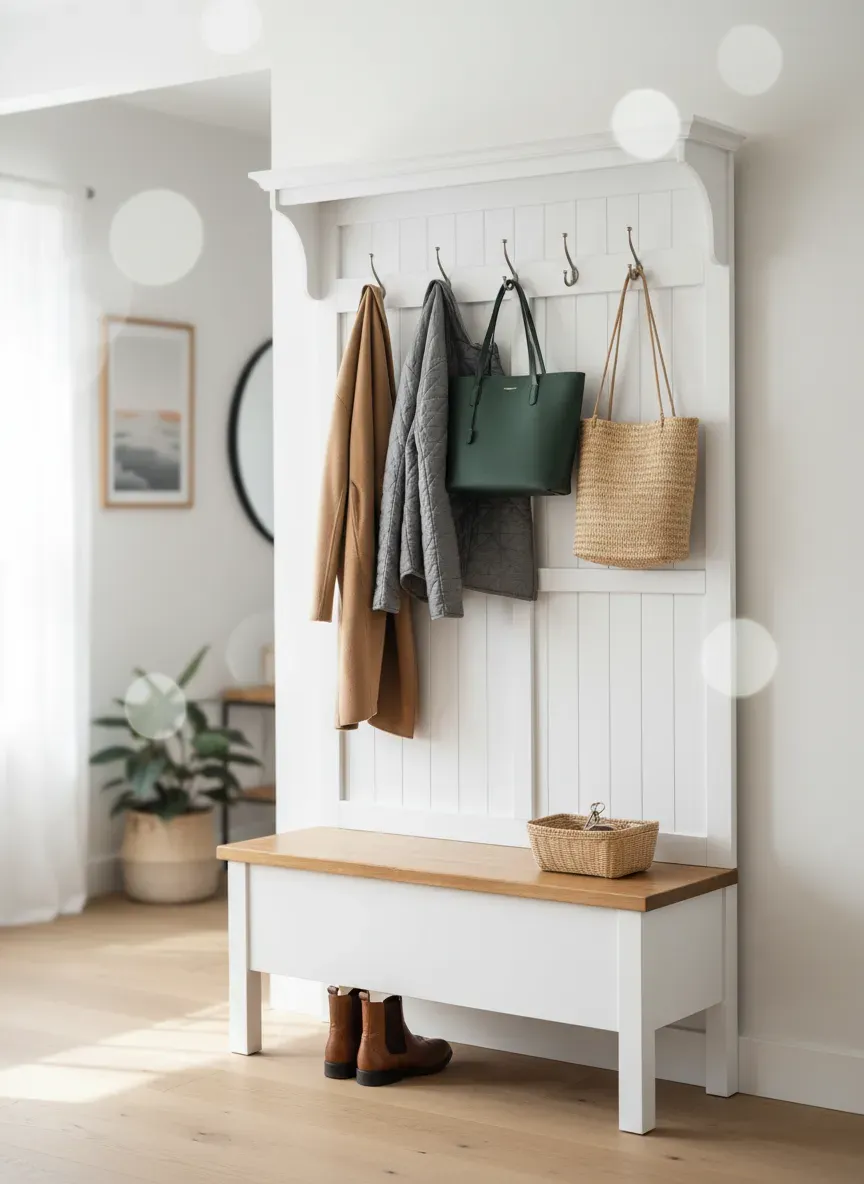 A bright, organized entryway featuring a white hall tree with a natural wood bench seat, showcasing a durable, flawless finish with coats and bags hanging neatly.