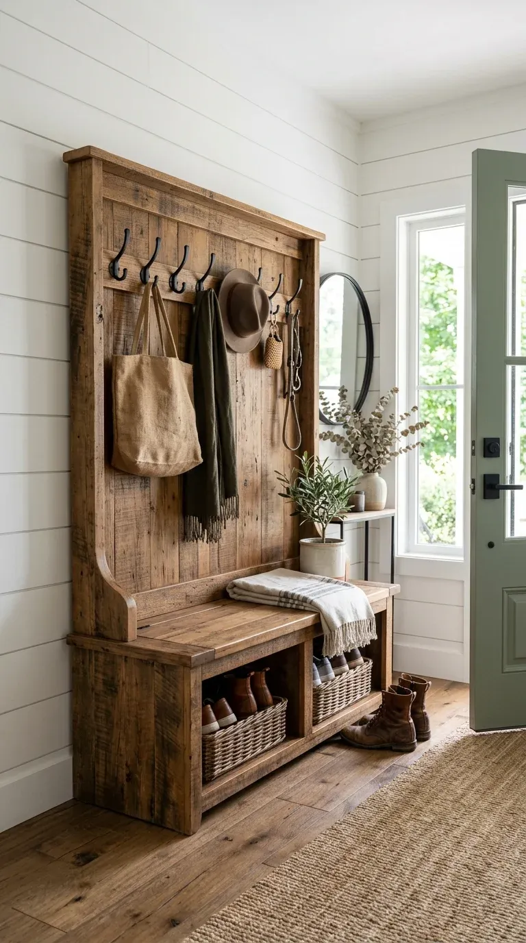 Rustic wooden hall tree with matte black iron hooks and a built-in storage bench inside a bright modern farmhouse entryway