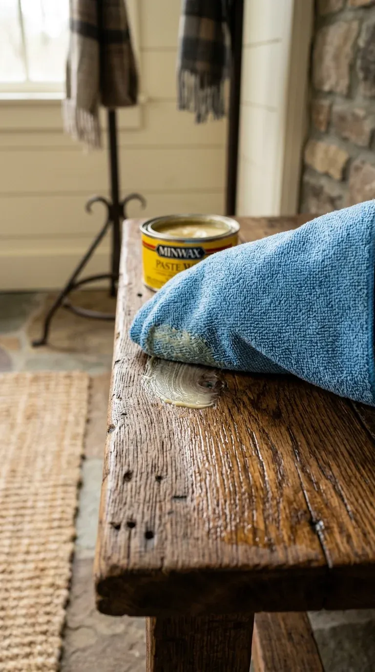 Close-up of clean microfiber cloth applying protective paste wax to a reclaimed wood entryway bench surface