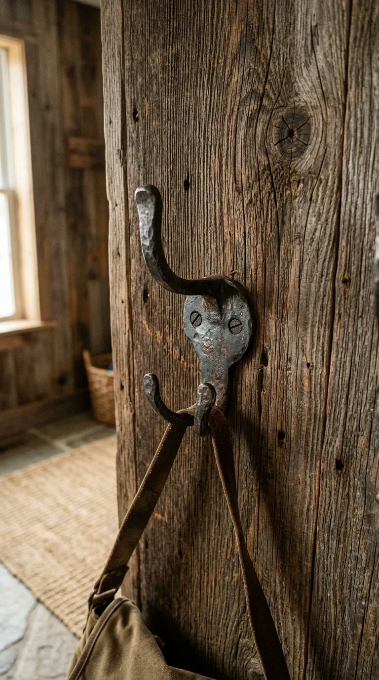 Detailed close-up of reclaimed barnwood texture showing grain variance and distressed metal hardware