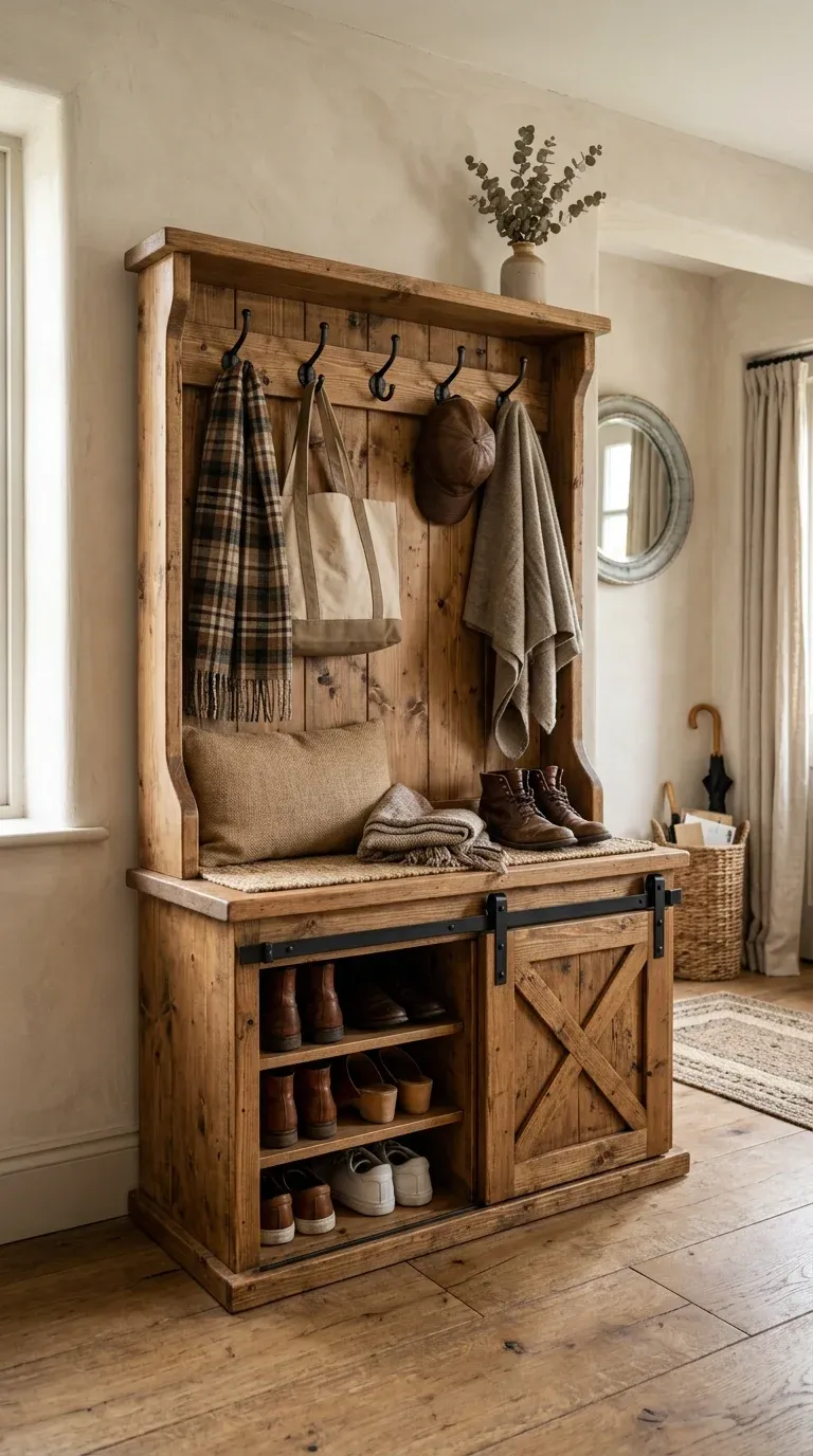 Solid pine rustic hall tree with sliding barn door shoe storage cabinets
