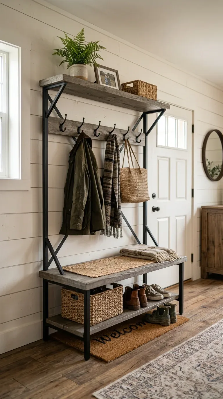 Industrial farmhouse hall tree with dark iron frame and weathered gray oak shelves