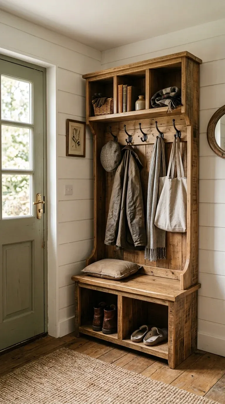 A narrow rustic entryway featuring a compact corner hall tree with overhead cubbies and coat hooks