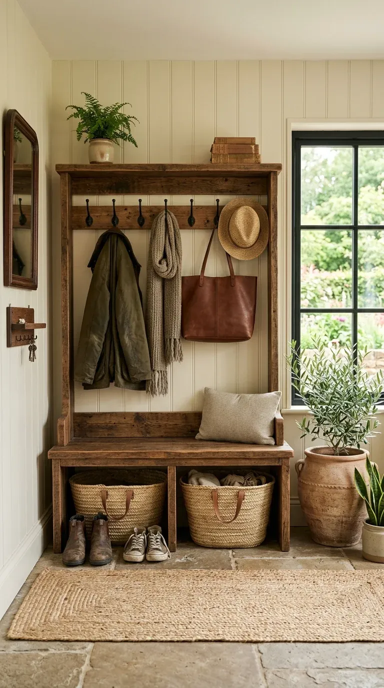 Styled farmhouse mudroom with a rustic hall tree, woven storage baskets, and green potted plants
