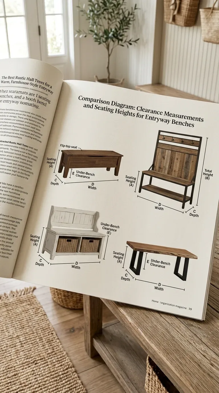 Comparison diagram showing clearance measurements and seating heights for entryway benches
