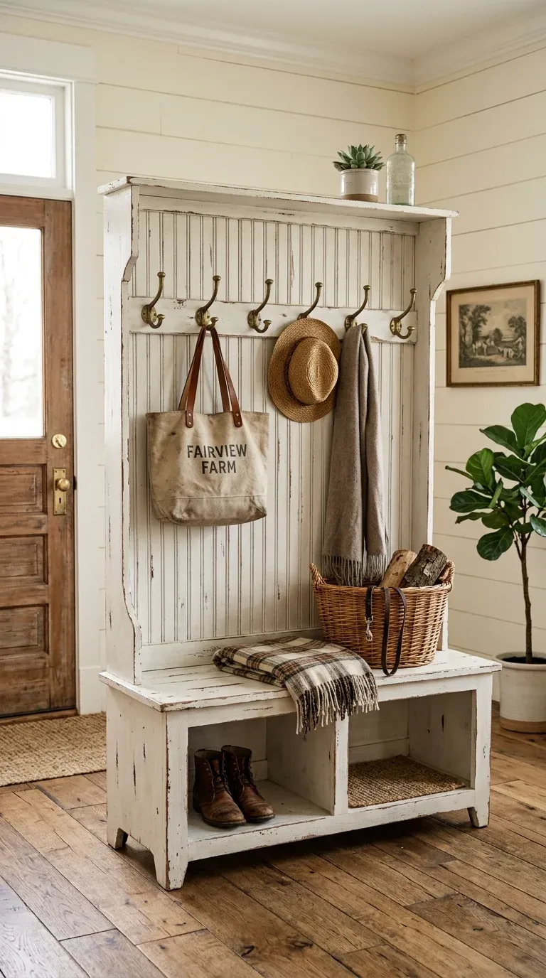 Distressed white farmhouse hall tree with beadboard backing and vintage brass double hooks