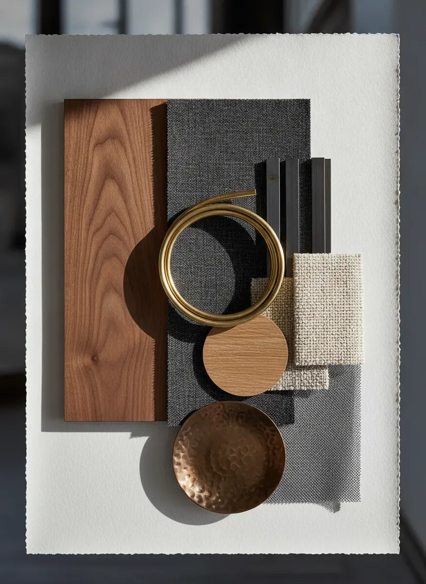 A stylized mood board featuring wood finishes, performance fabrics, and metal accents
